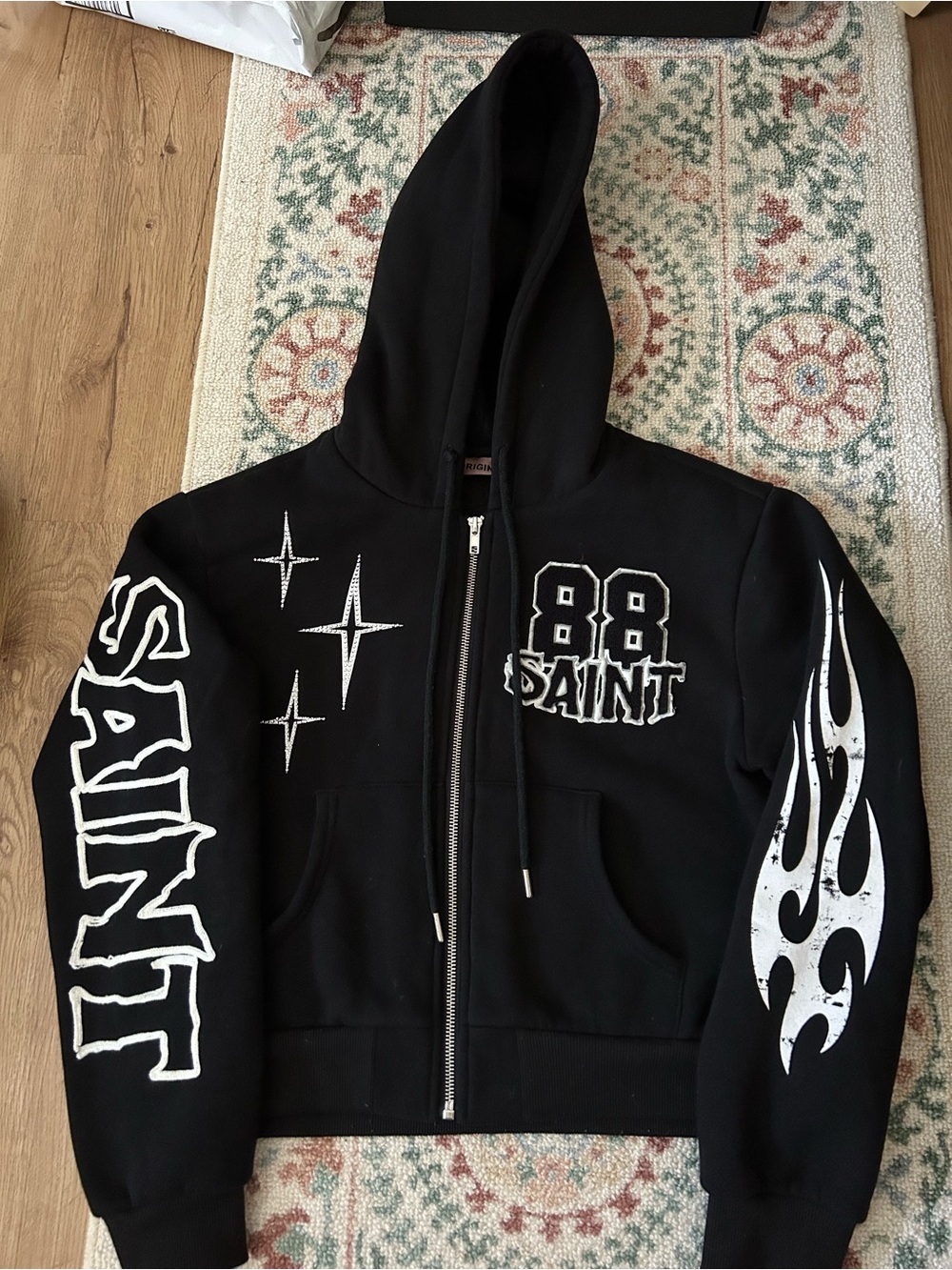 Black Graphic Zip Hoodie with White Flame & Saint Details